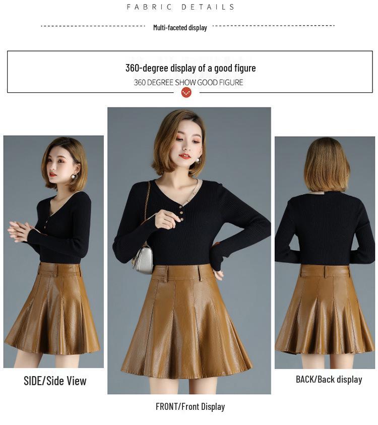 2022 High-Waisted A-line PU Faux Leather Pleated Skirt - Autumn/Winter Women's Stylish Short Umbrella Skirt
