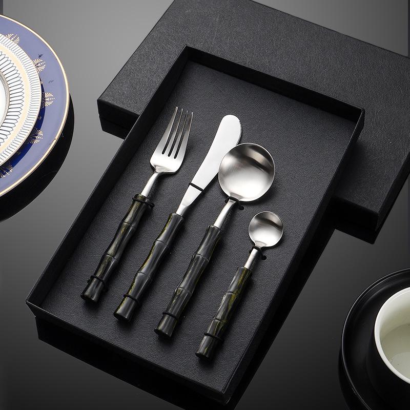 Bamboo Handle Stainless Steel Cutlery Set: Steak Knife, Fork & Dessert Spoon in Gift Box.
