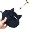 Fluffy Plush Pass Case with Reel and Keychain, Zipper Closure, and Storage, Perfect for IC Cards and Cards. Featuring a Black Cat Design. Lightweight
