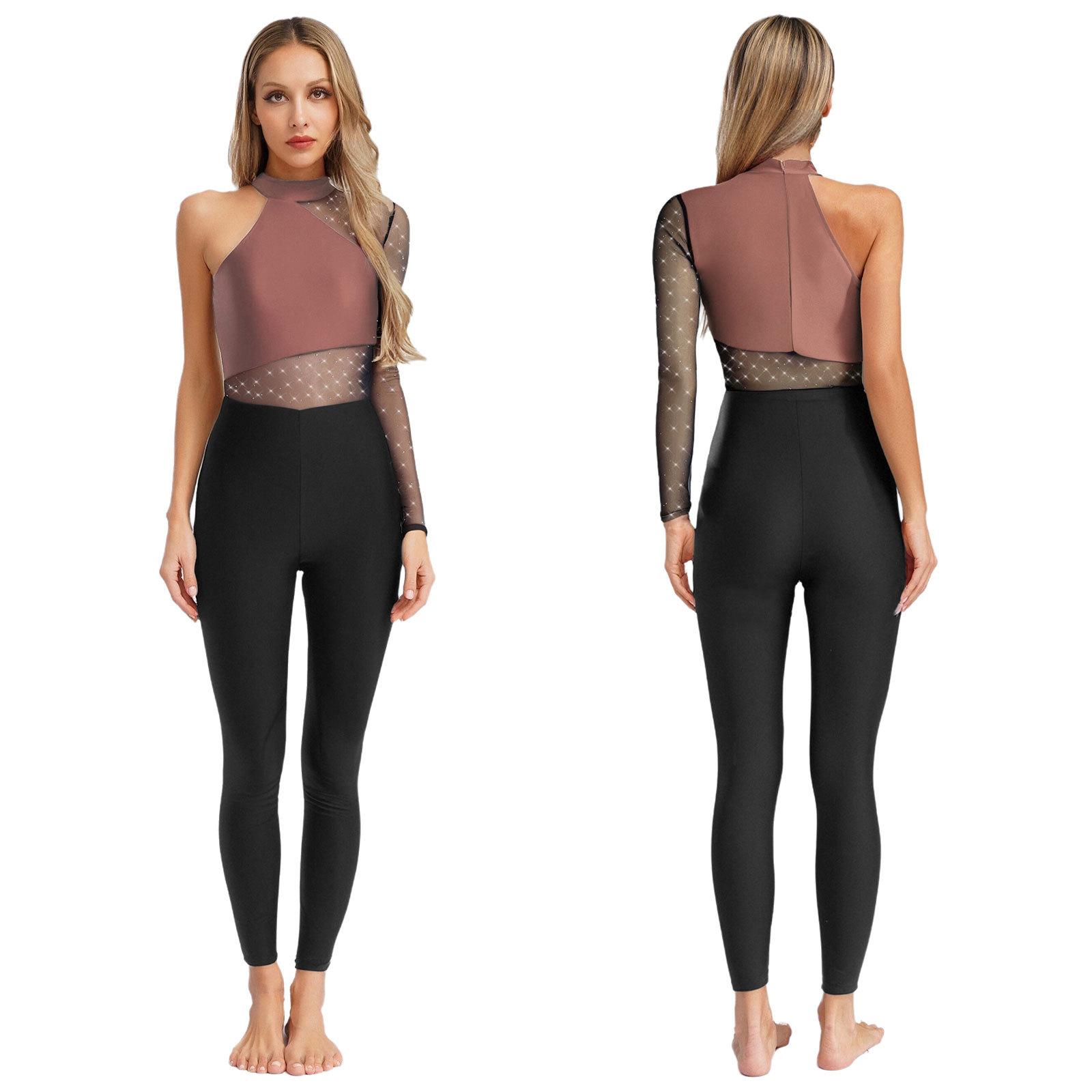 

Shiny Metallic Look Gymnastics Jumpsuit S-XXL for Women: Elegant One Shoulder Design with Rhinestones & Long Mesh Sleeves S коричневий