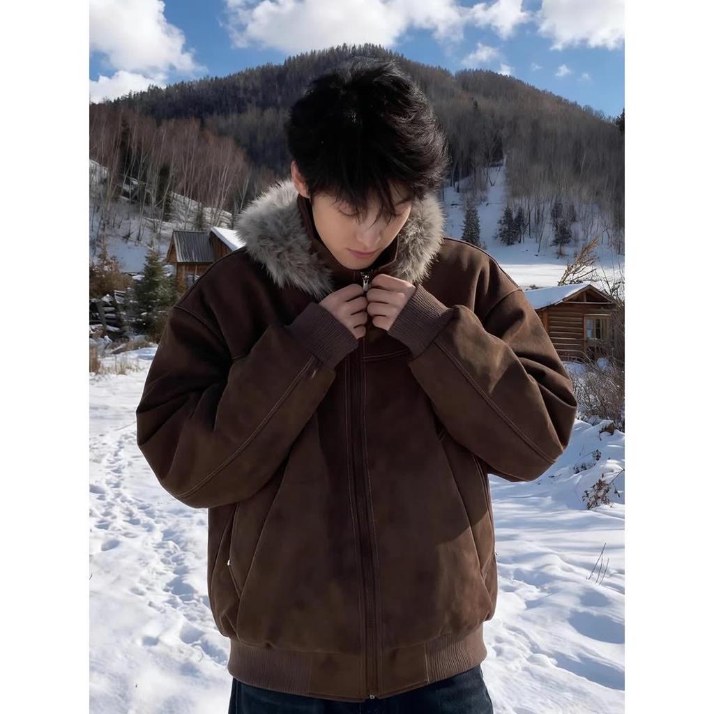 Men's Distressed Coffee Workwear Jacket - Retro Cotton with Lychee Grain Leather, Long Fur Collar & Hooded Heavyweight Winter Coat.