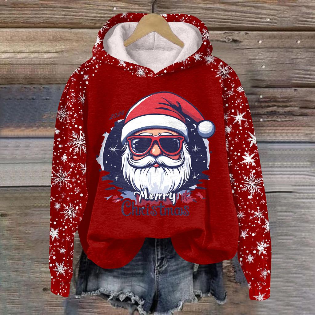 Women's Fashion Casual Pullover Plug Sleeve Christmas Printed Hooded Sweatshirt