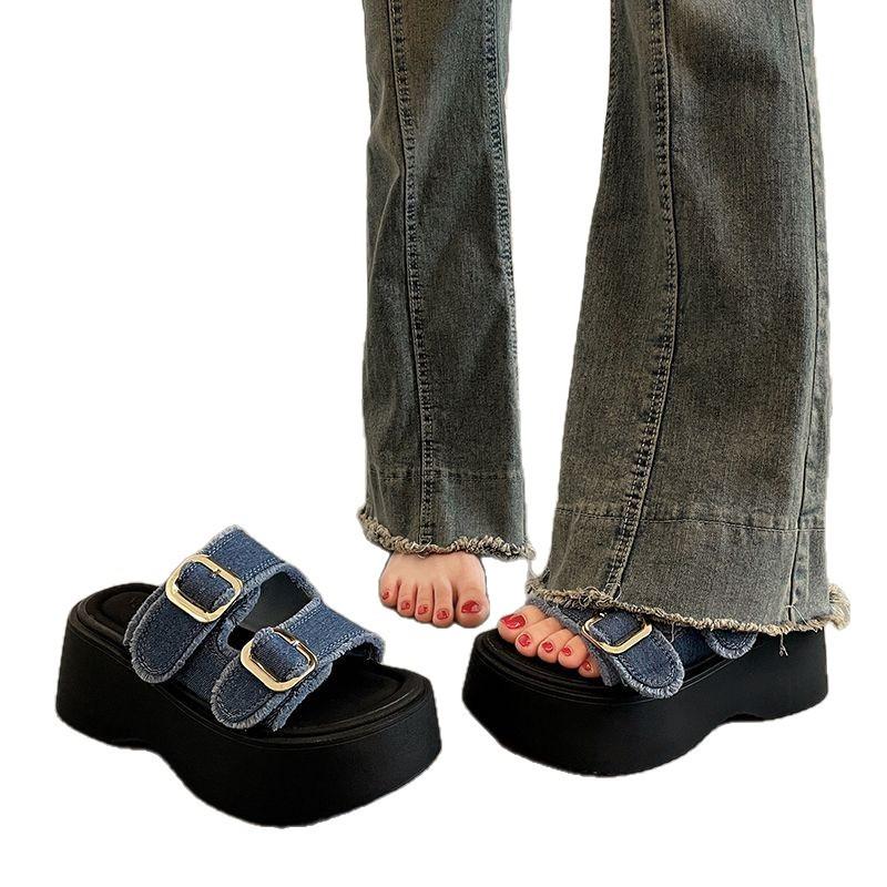 thick-soled muffin sandals women's new versatile height-increasing denim slippers sports sandals are trendy