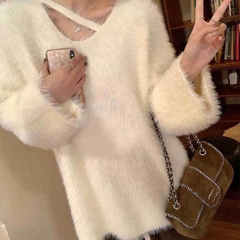 Imitație de pulover de nurcă moale ceară pentru femei toamnă și iarnă 2022 casual cu mânecă lungă pulover de tricotat cu decolteu în V pulover pentru femeie