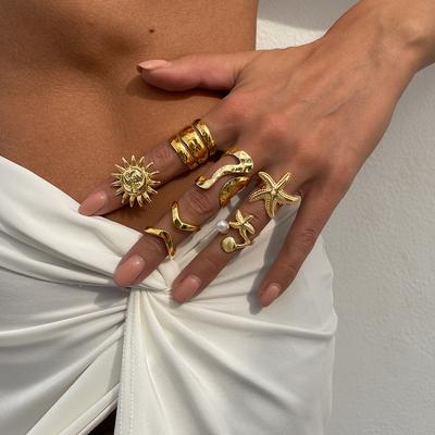 Resort Style Irregular Open Ring with Starfish and Pearl Alloy Ring Set