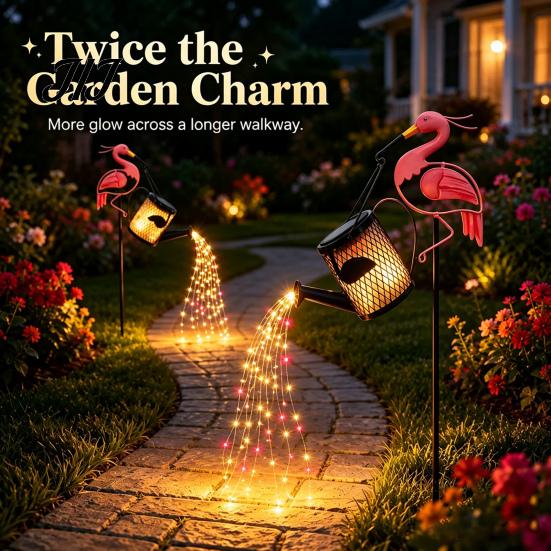 Romantic Garden Art Sculptures Solar Flamingo Watering Can Light, Powered LED Waterproof Warm Yellow Red Pink Night Lights Pathway Light with