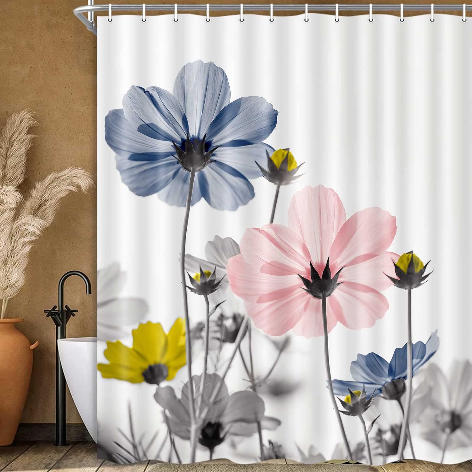 

Unique floral pink bathroom decor shower curtain, pink and grey daisy flowers elegant wildflower design farmhouse shower curtain 90X180cm