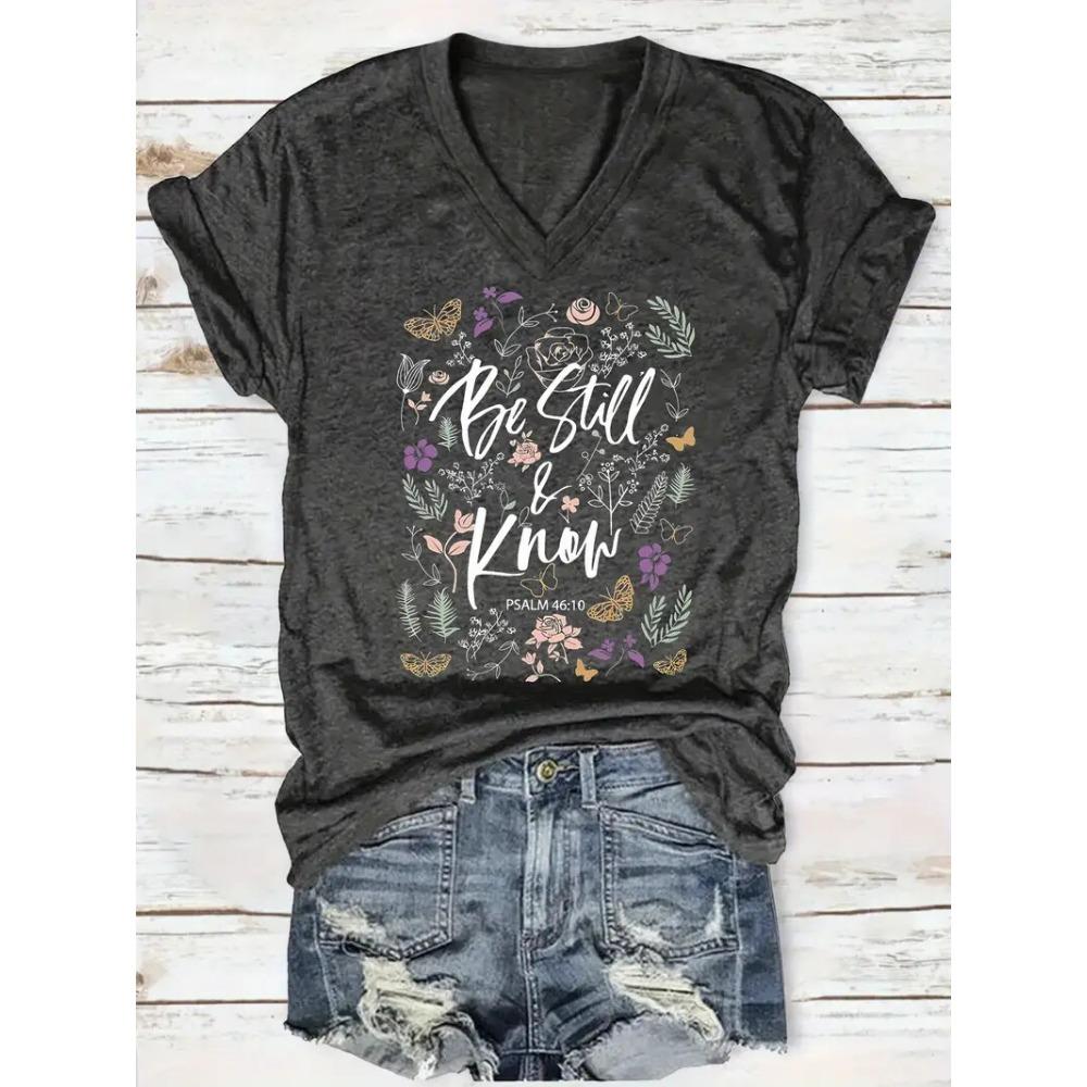 Summer Outdoor Women's T-Shirt Casual V-Neck Short Sleeve Tops Floral Butterfly Print Street Fashion Female Oversize Clothing