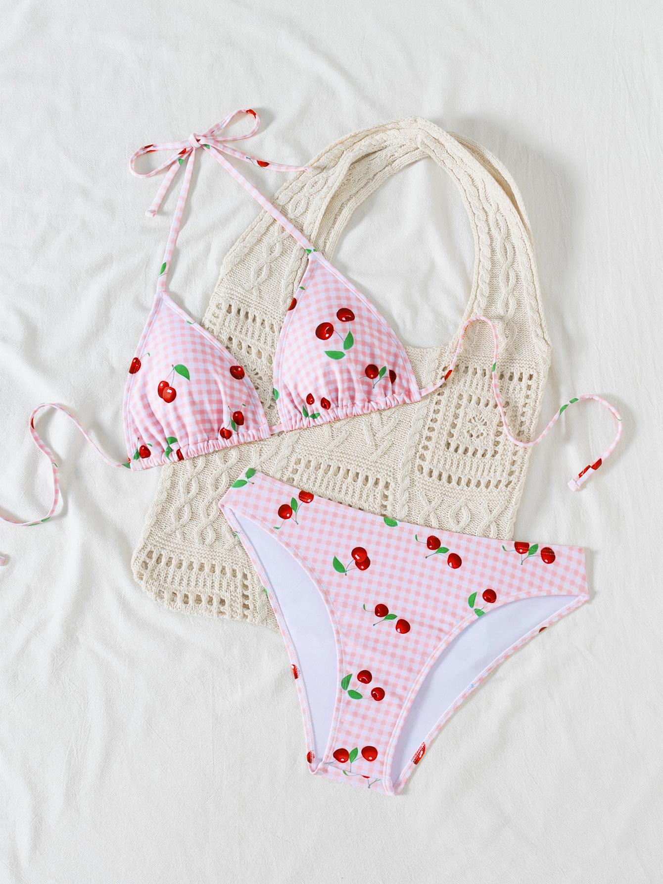 

Женский купальник бикини с принтом, треугольный, сексуальный, с разрезом L розовый