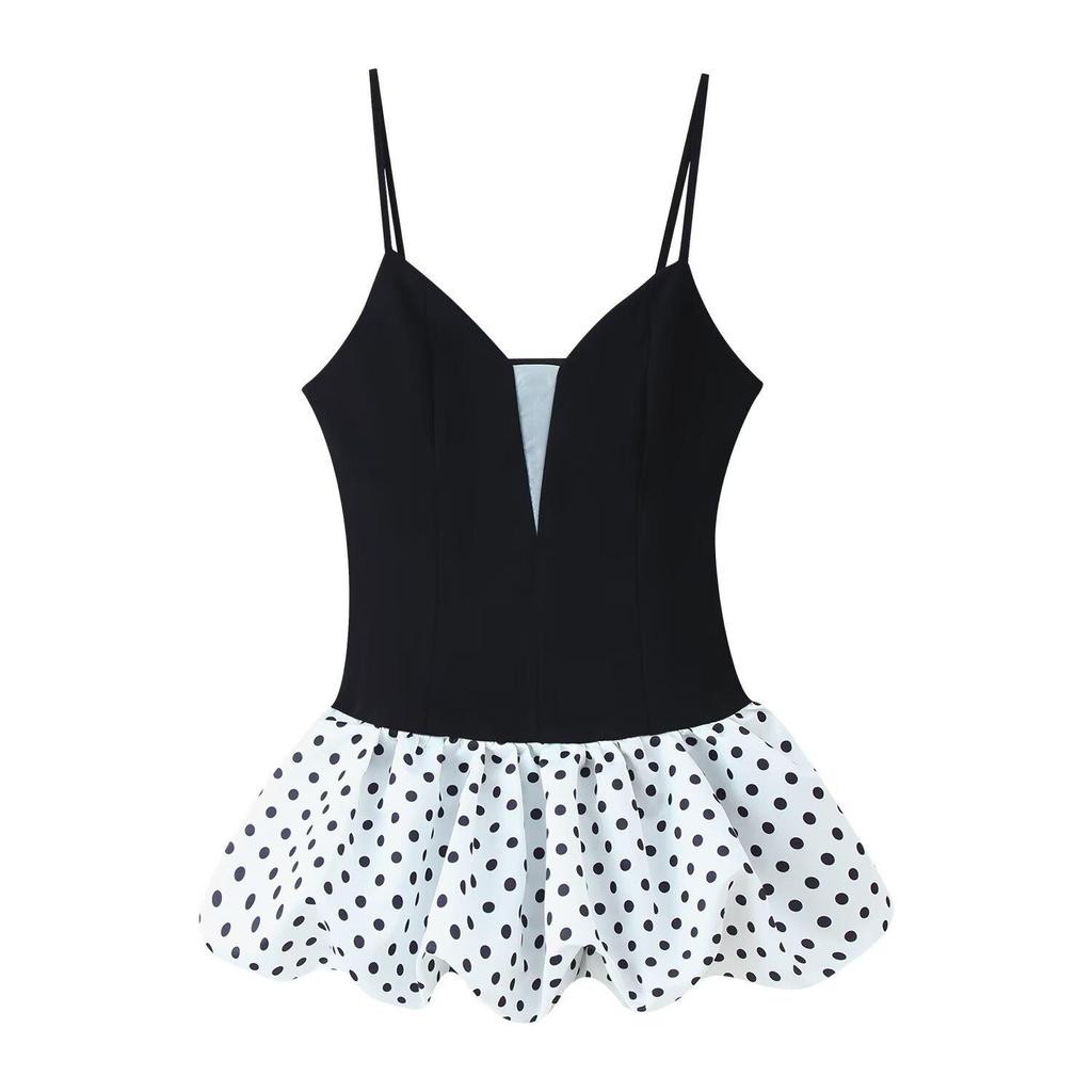 European-Style Trendy Polka Dot Deep V Spaghetti Strap Dress