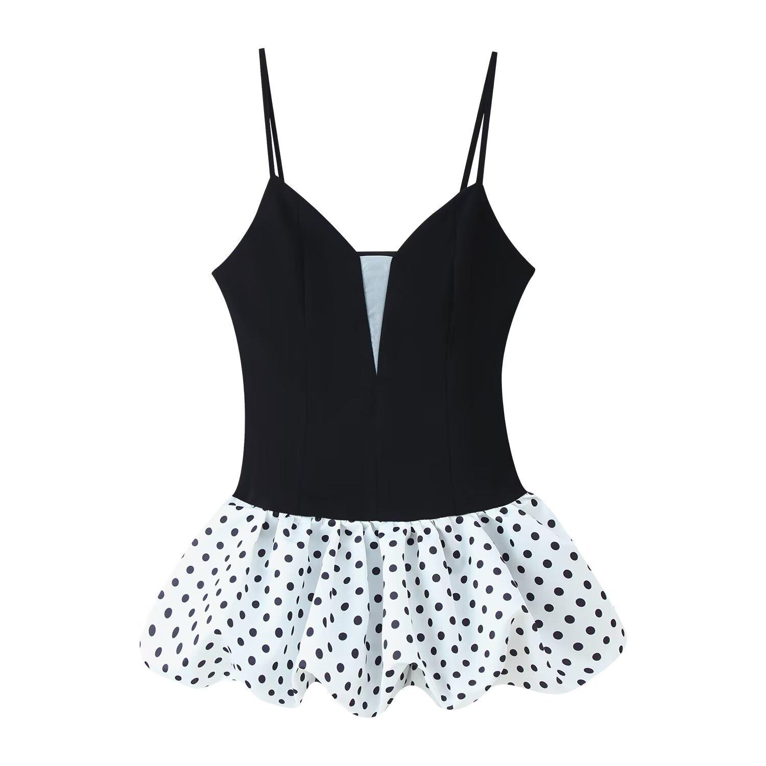 

European-Style Trendy Polka Dot Deep V Spaghetti Strap Dress Large чорний