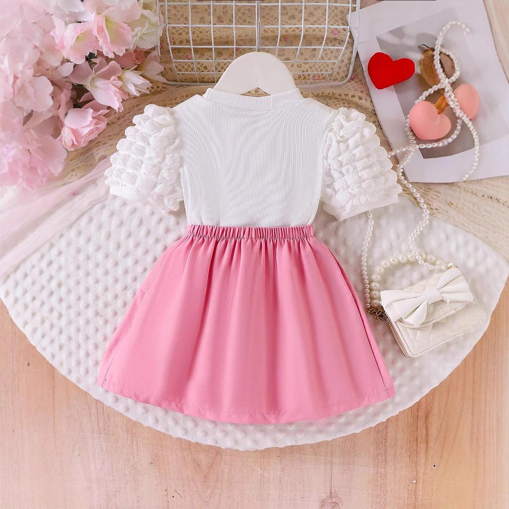 Summer Girls' Fashion Set: Cute and Heart-shaped Puffed-sleeve Short-sleeved Top and Short Skirt for Children