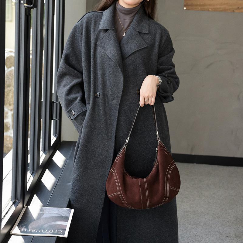 Luxury Women Suede Leather Hobo Shoulder Bag Vintage Half Moon Handbag Cross Body Daily Casual Underarm Purse Genuine Cowhide