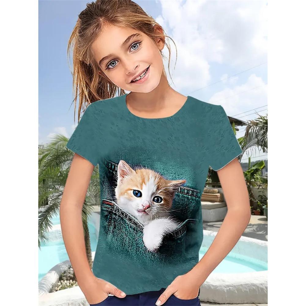 2025 Funny Animal Cat 3d Print Girls' T-Shirts Party Fashion Short Sleeved Tops Tee 2025 Casual T-Shirts Girls' Clothing