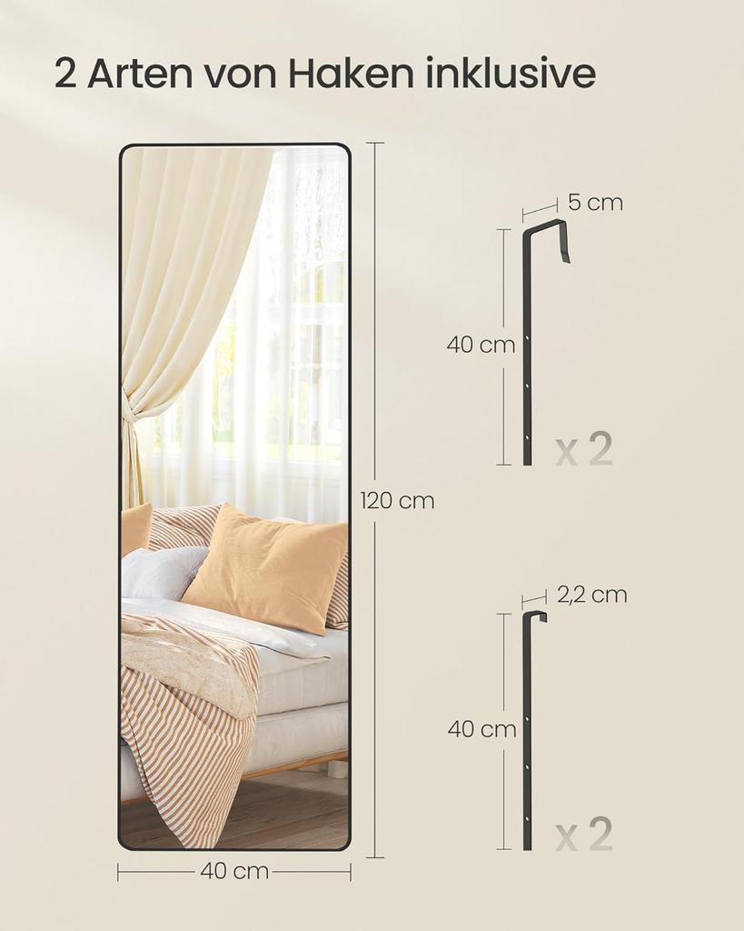 SONGMICS Full Length Mirror 120x40cm Rectangle Mirror Wall Door Mounted Aluminum Alloy Frame Tempered Glass Bedroom Living Room Wardrobe Ink Black