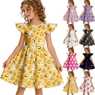 Girls Halloween Casual Dress Ruffle Short Sleeve Round Neck Dress Lightweight Comfortable Fit for Everyday Wear and Festive Occasions