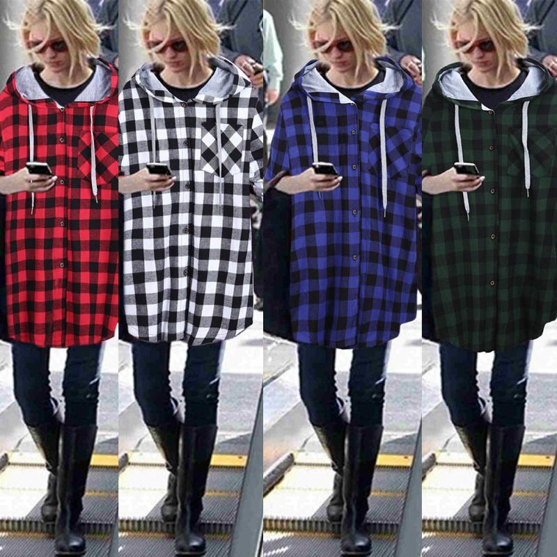 Autumn and Winter New Plus Size Women's Slim Fit Mid Length Plaid Hooded Cardigan Top Jacket