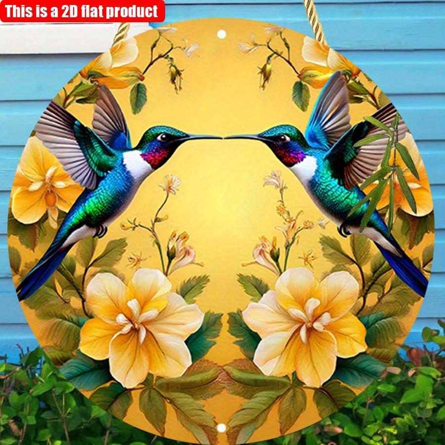 2D Flat 20*20cm 1pc Retro Hummingbirds Flying Under Yellow Flowers Scenery Round Wooden Door Sign, Nostalgic&Beautiful Pendant For Cafe Garage Window