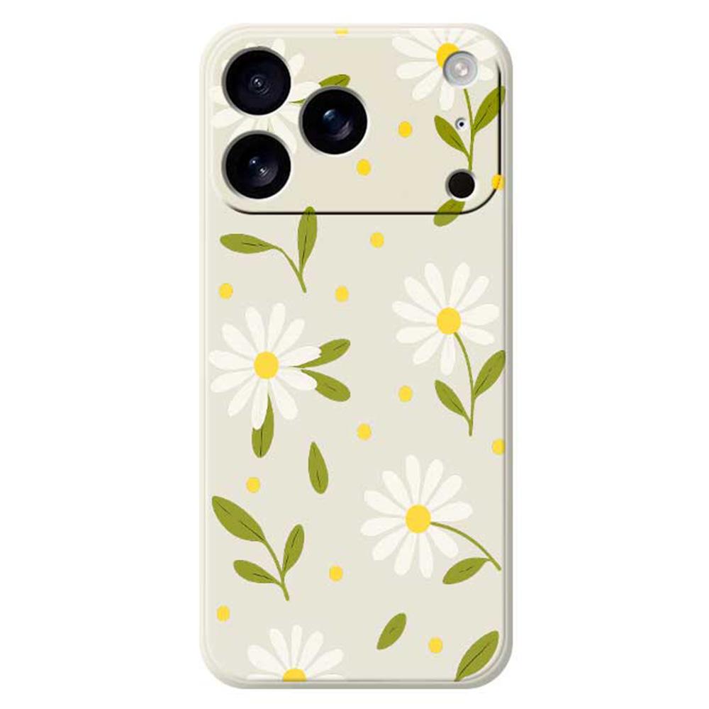For iPhone 17 Pro Case White Flowers Green Leaves Pattern Printing Straight Edge TPU Phone Back Cover