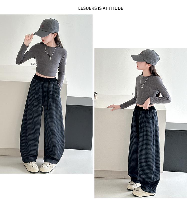 Girls' 2025 Winter Plaid Fleece-Lined Wide Leg Trousers - Warm, Thick, Casual Long Pants