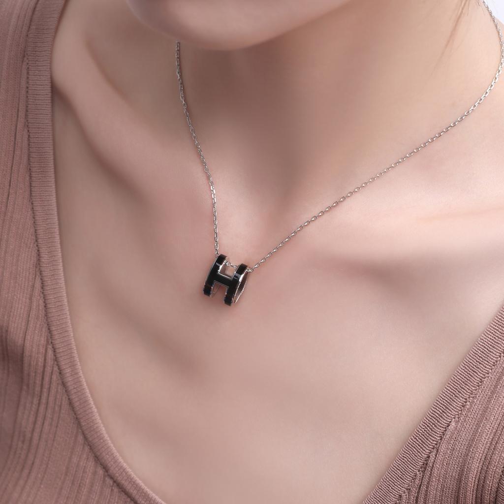 Hermes Pop H Series Pendant Lacquered Metal Necklace Women Necklace Silver Black H147991FP03
