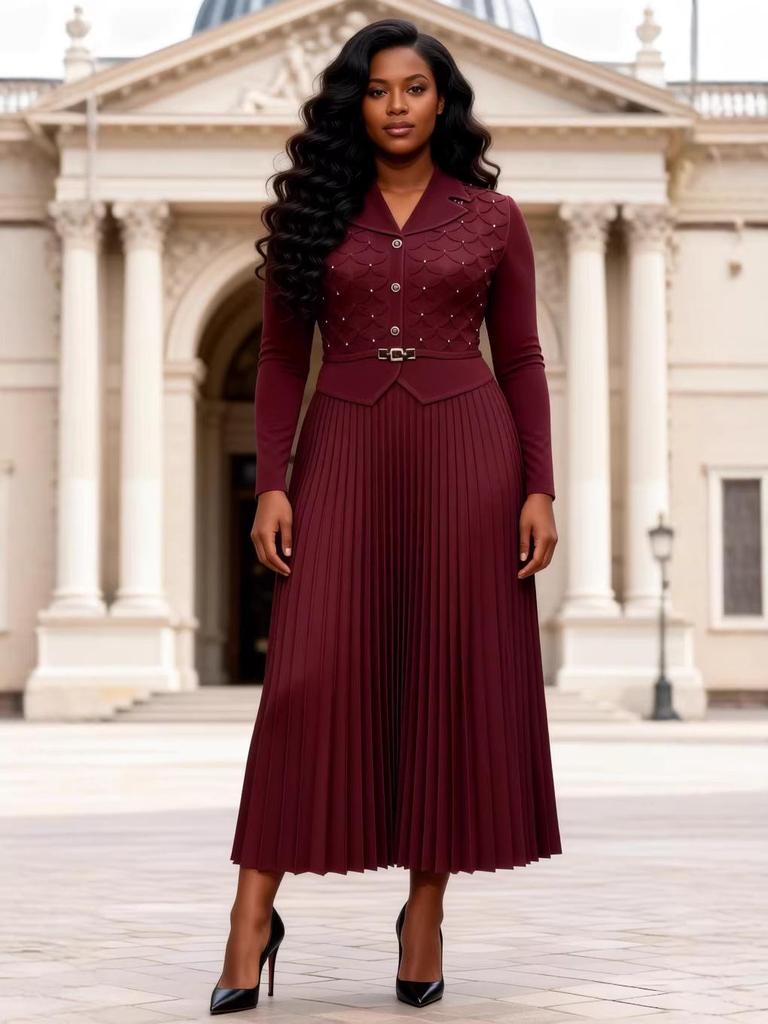 Elegant Plus Size Pure Color Beaded Dress with Miyake Pleats
