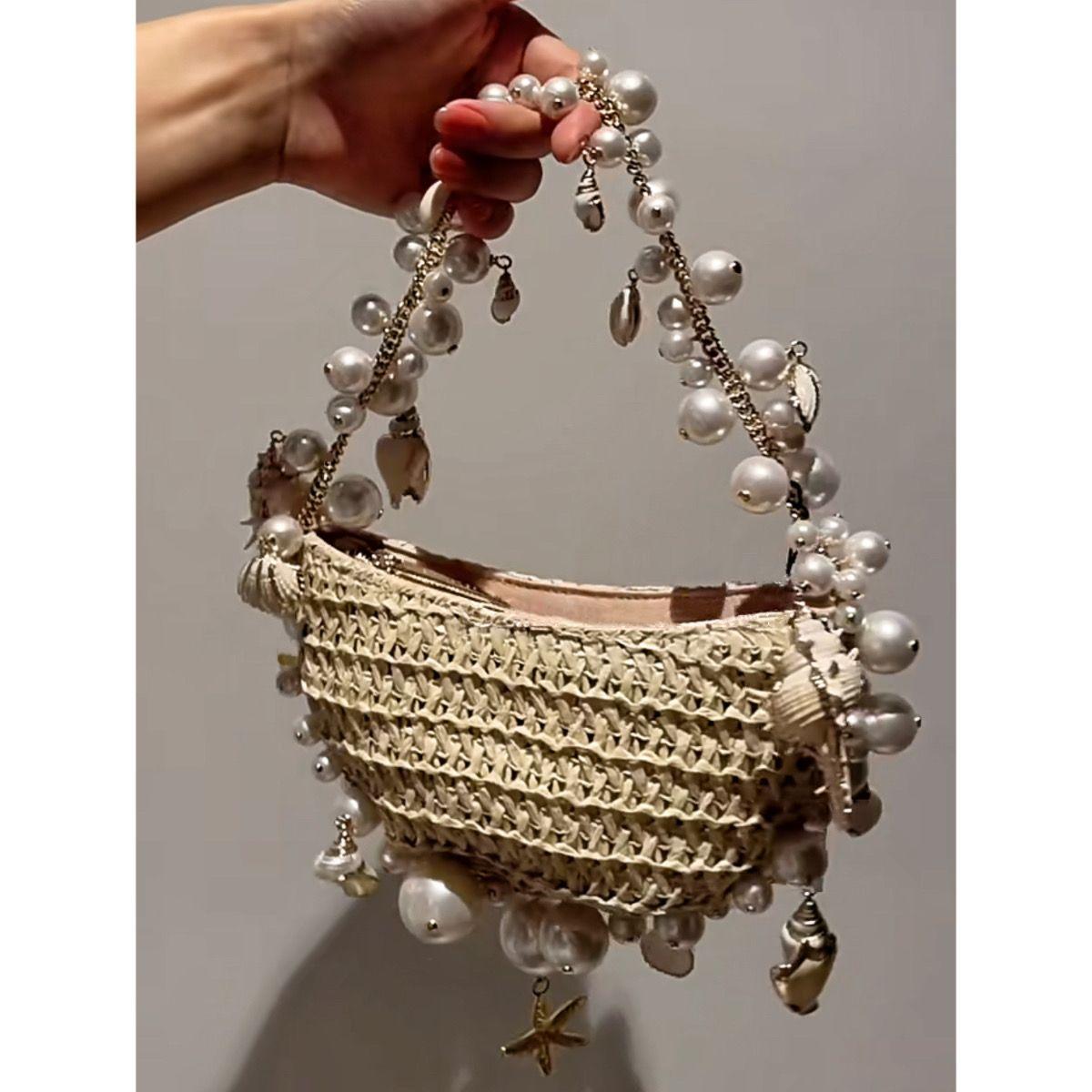 

JIAERDI Beige Woven Pearl Chain Handbag Women Semicircle Small Capacity Purse Ladies Casual Vacation Beach Seaside Bag Chic New 24x14x2cm бежевий