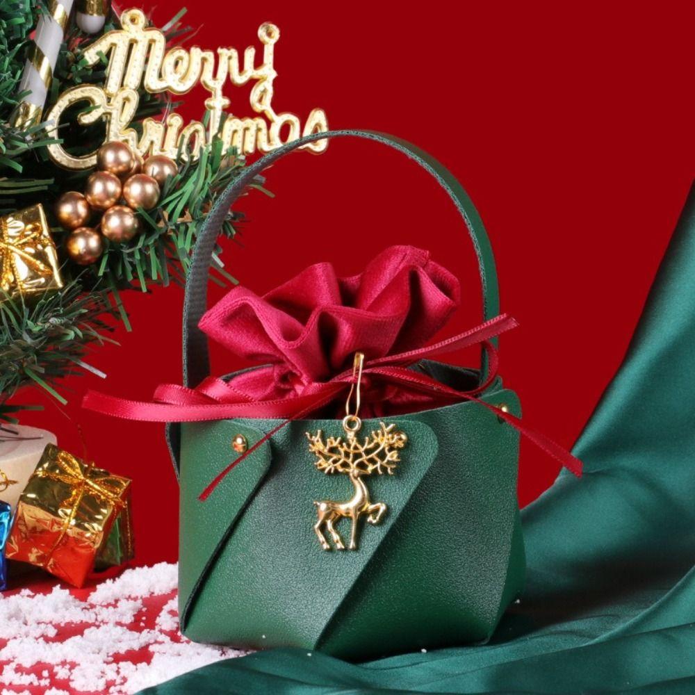 Red Green Design Christmas Gift Bags Flannel Fabric Leather Handled Bags Candy Bags  Wedding Favors
