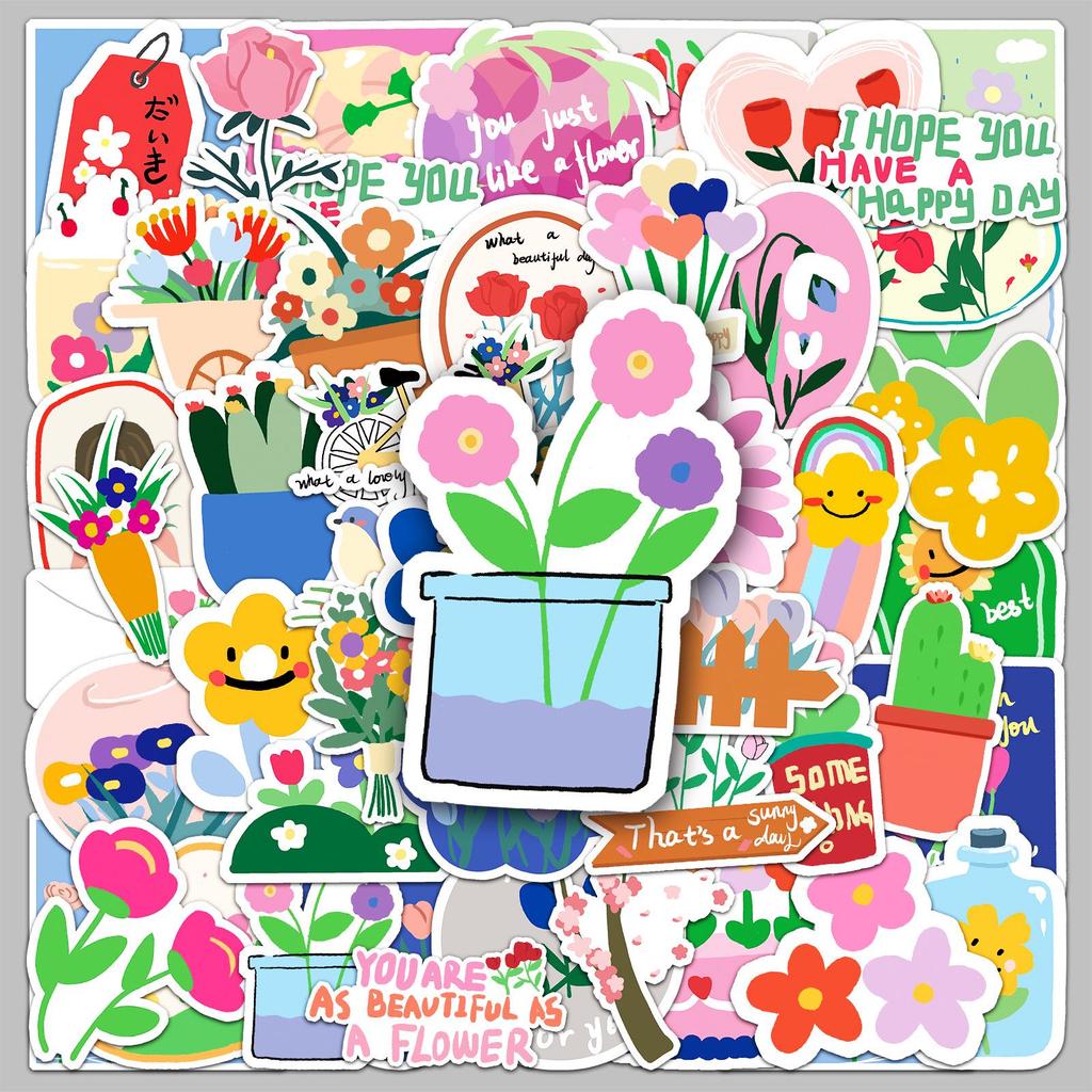 50 Original Flower Cartoon Plant Stickers for DIY Notebook, Laptop, or Hand Account Decoration