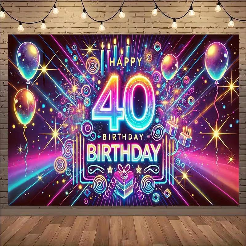 

2D Glow 40th Birthday Backdrop, Purple Neon Theme Party Decor Background Banner 47.2x31.5inch/120*80cm