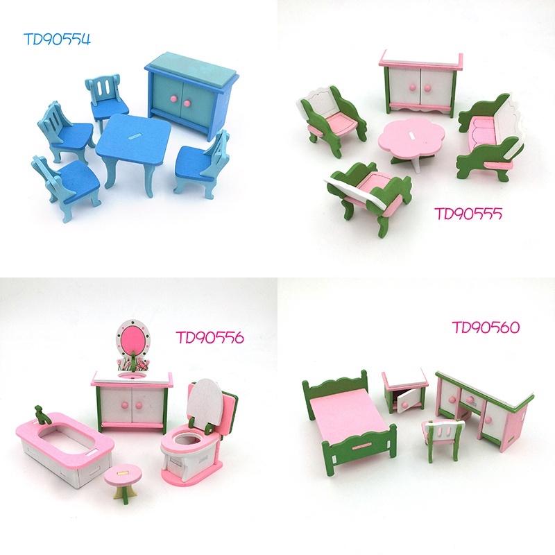 Wooden Pink Doll House Furniture Toys Set  for Girls Dollhouse Miniature Rooms Gifts