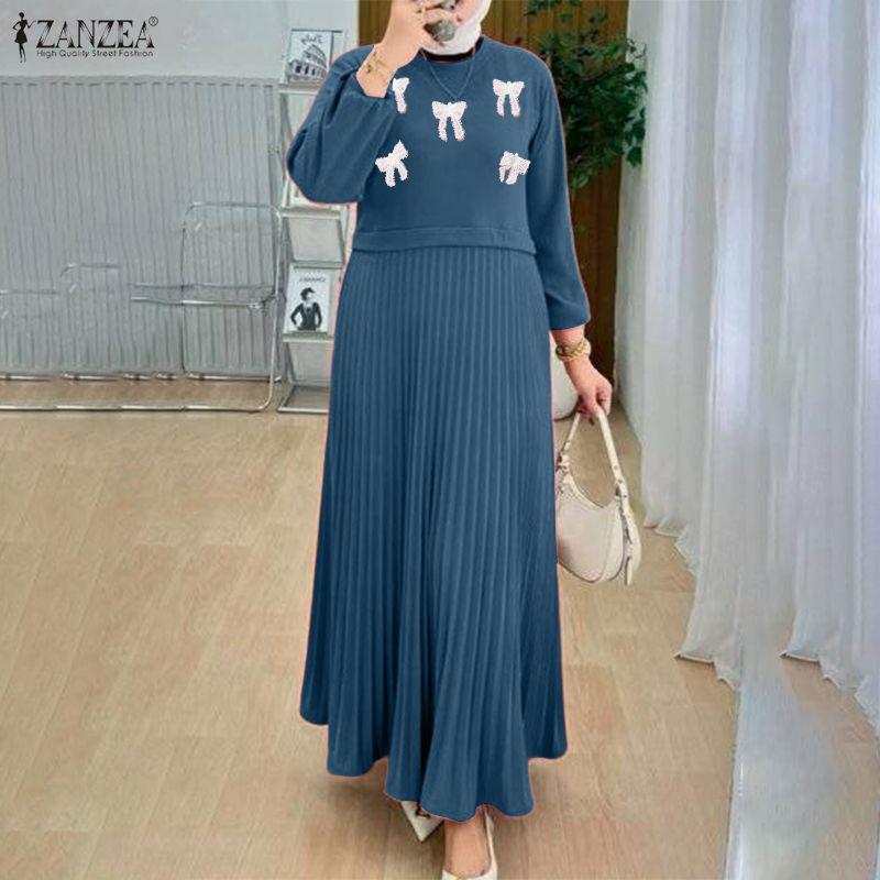ZANZEA Women Casual Round Neck Loose Long Sleeve Muslim Dress