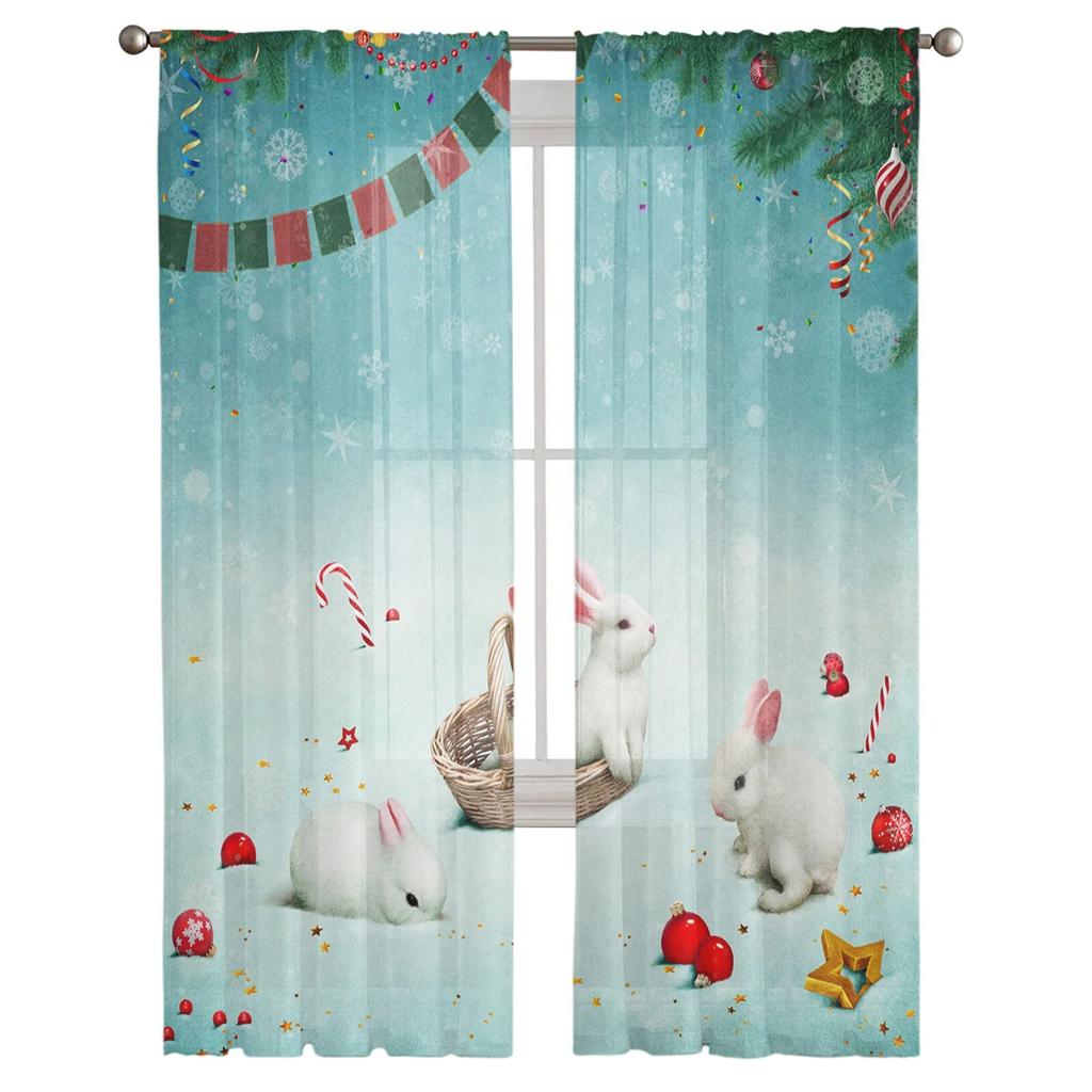 Rabbit Snowflake Cute Tulle Window Curtain for Livingroom Printed Sheer Curtain Home Decor Window Panels Chiffon Drapes