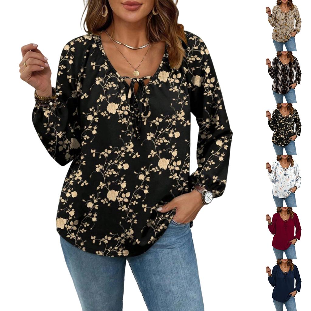 Ladies' Plus Size Comfortable Loose Fashionable Casual Tied Rope Casual And Fashionable Printing Shirt Long Sleeved Top