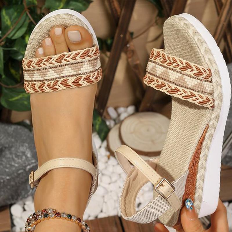 Fashion Bohemian Braided Wedge Sandals for Women Summer 2025 Beach Casual Ankle Strap Sandles Woman Plus Size Med Heel Sandalias Ladies