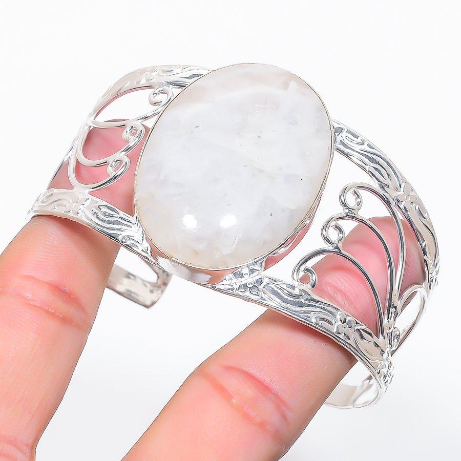 Natural Moonstone Gemstone 925 Sterling Silver Cuff Bangle Adjustable T4v82