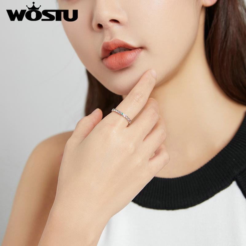 WOSTU 925 Sterlingsølv Fargerike Cubic Zirconia Lucky Rainbow-ringer, stablebar erklæringsring for kvinner for størrelse 6,7,8