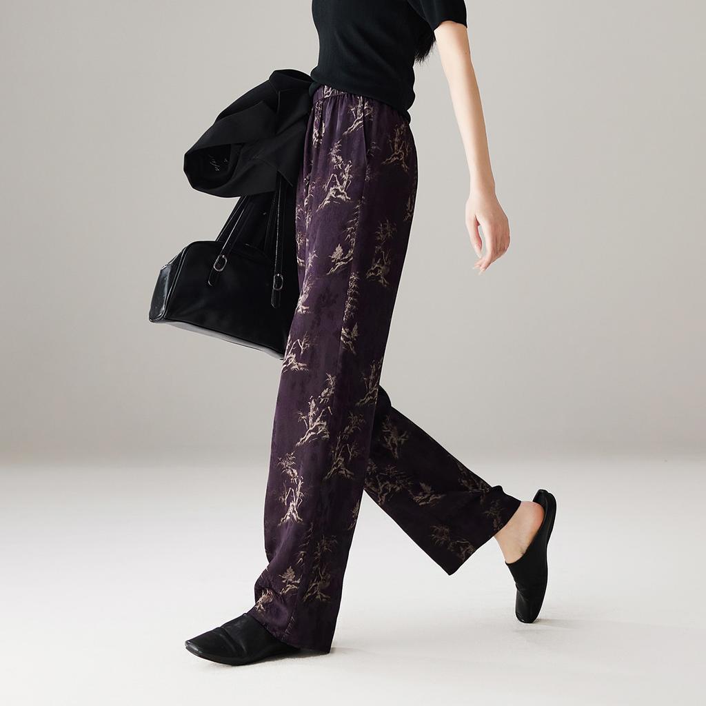 Chinese style printed casual wide leg pants for women in spring 2026, fashionable, loose and versatile, slimming and floor hugging pants