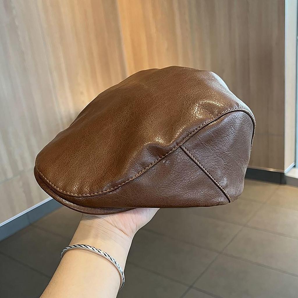 Women Solid Color PU Leather Beret Cap Retro Japanese Korean Girl Forward Caps Spring Autumn Newsboy Sunshade Peaked Hat