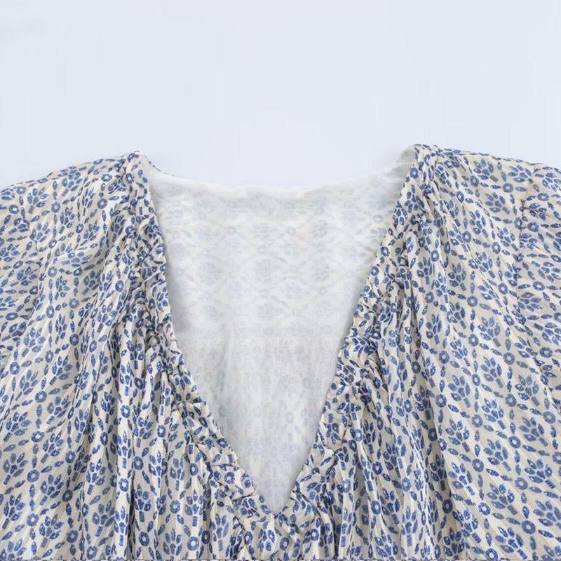 Kaslead New Arrival Women's Clothing Fashion Style Metal Color Line Print Balloon Version V Neck Tops 9328283