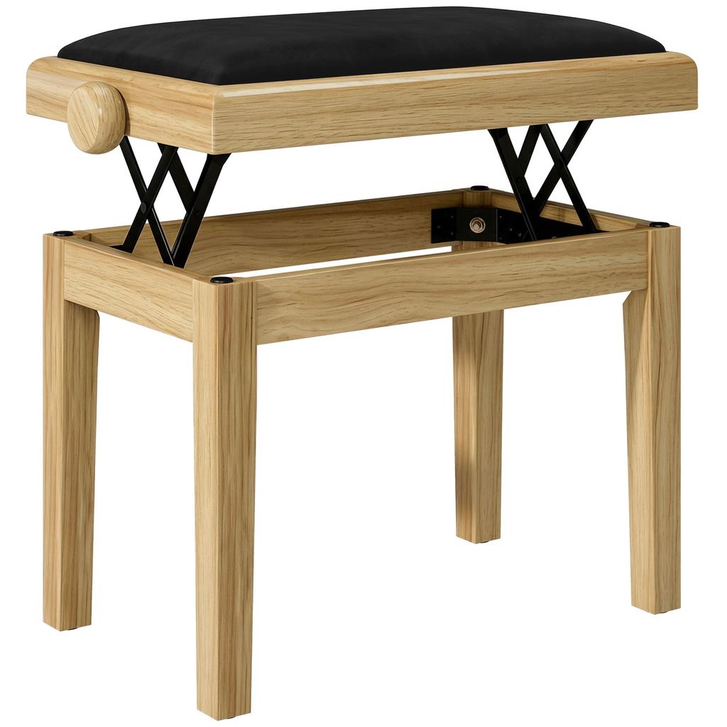Piano Bench, Height-Adjustable, 45-56 cm, Velvet-Upholstered Seat, Natural Wood