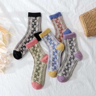5 Pairs of Female Spring and Autumn Retro Court Style Little Flower Art Academy Wind Tube Socks