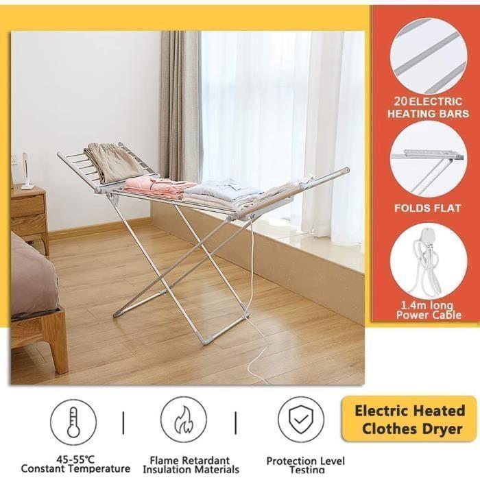Séchoir à Linge électrique Chauffant 230W Portable sur Pied, Etendoir Pliant d'intérieur Faible Consommation Pliable 20 Barres A599