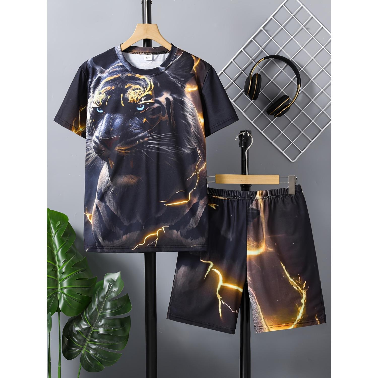 

Boys casual 3D Lightning Tiger print round neck set, short sleeved two-piece set, suitable for outdoor sportswear 5-6 Years