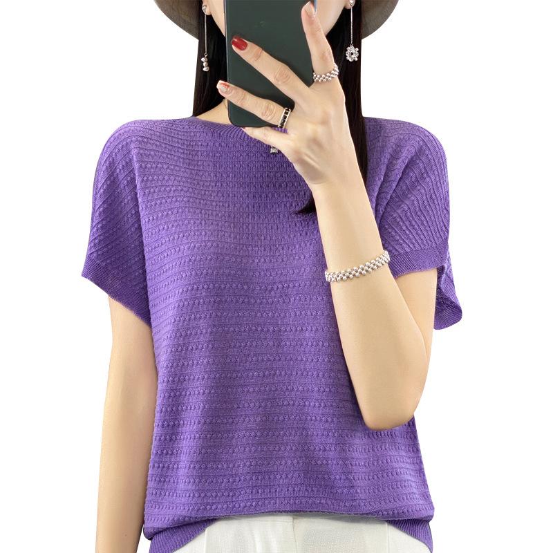 Crew Neck Bottoming Shirt Women's Summer First-line Ready-to-wear Hollow Bat Sleeve Knitted Sweater Versatile Short Sleeve