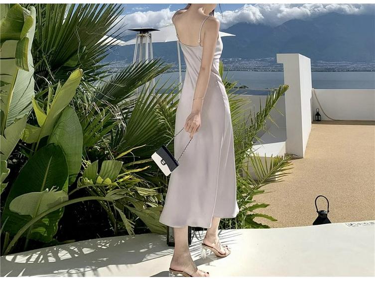 Champagne Satin French Summer Dress with Sway Collar and Spaghetti Straps