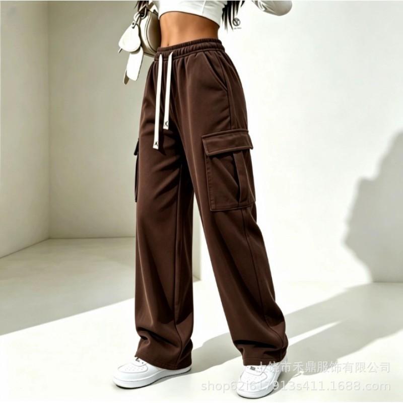 High Waist Drawstring Cargo Sweatpants Women Loose Wide Leg Solid Color Casual Straight Pants