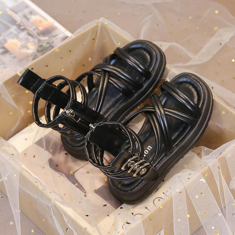 Girls Summer Gladiator Sandals with Side Zippers Metal Buckles Deco Cool Fashion 2024 Summer Brand New Kids Beach Shoes High-top