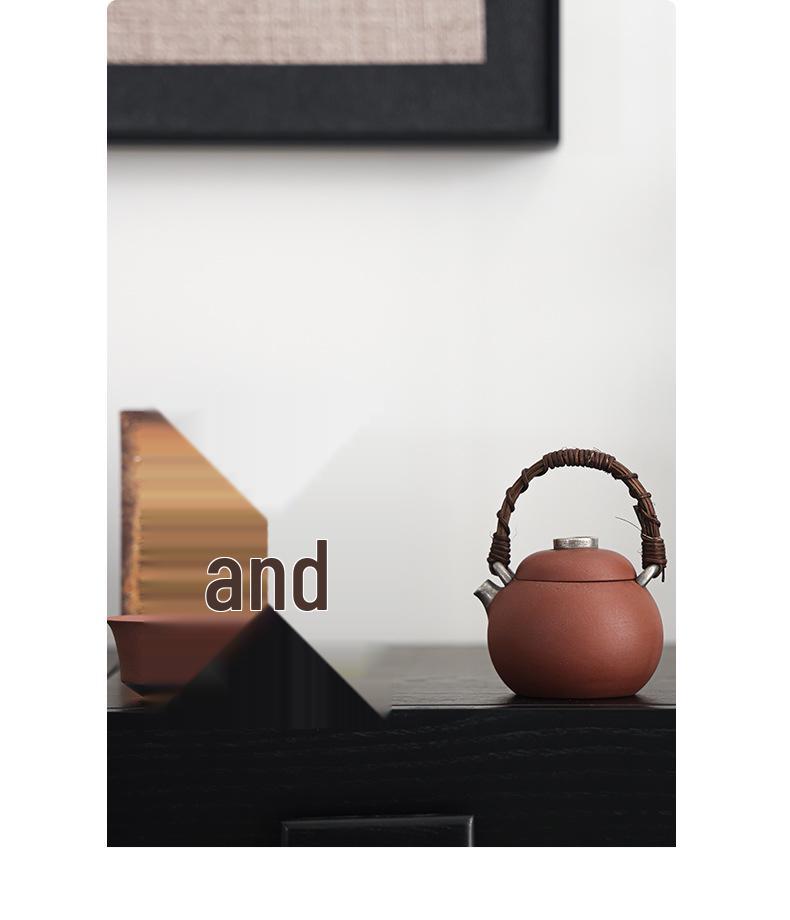 Small Gilded Silver Teapot with Rattan Woven Handle, Original Purple Clay Pottery