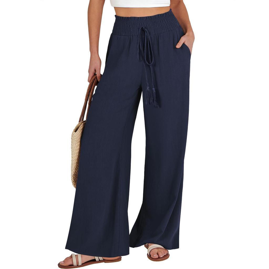 Women's Casual Fashion Colour Cotton Linen Casual Pants Wide Leg Trousers Sweatpants With Pockets
